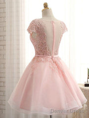 Newest Pink Lace Cap Sleeve A-Line Yarn Back With Bow Sash Pretty Junior Homecoming Dress