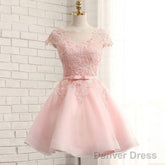 Newest Pink Lace Cap Sleeve A-Line Yarn Back With Bow Sash Pretty Junior Homecoming Dress