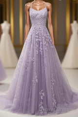 Light Purple Lace Applique A Line Spaghetti Straps Prom Dresses Evening Gown