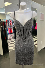 Black Sheath Straps V Neck Beaded Homecoming Dress