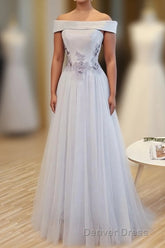 Gray A Line Off Shoulder Floor Length Prom Dresses, Lace Evening Dresses