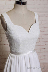 Noble A-Line Shoulder Strap With Chiffon Patch Flower Dew Back And Ground Length Wedding Dress