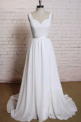Noble A-Line Shoulder Strap With Chiffon Patch Flower Dew Back And Ground Length Wedding Dress