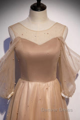 Noble And Elegant Champagne Beaded Long Sleeved Off Shoulder Ball Dresses Champagne A-Line Princess Off Shoulder Strap And Floor Length Prom Dresses