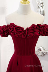 Noble And Elegant Wine Red Sleeveless Off Shoulder Beaded Ball Dresses With Wine Red A-Shaped Backless Strap And Ground Length Ruffled Hem Prom Dresses