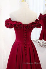 Noble And Elegant Wine Red Sleeveless Off Shoulder Beaded Ball Dresses With Wine Red A-Shaped Backless Strap And Ground Length Ruffled Hem Prom Dresses