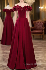 Noble And Elegant Wine Red Sleeveless Off Shoulder Beaded Ball Dresses With Wine Red A-Shaped Backless Strap And Ground Length Ruffled Hem Prom Dresses