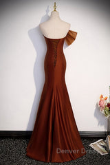 Noble And Unique Chocolate Sleeveless Prom Dresses Chocolate Mermaid Strapless Tulle Butterfly Knot Dew Back Strap Long And Floor Evening Dresses