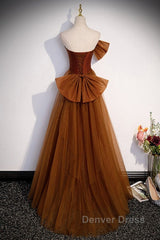 Noble And Unique Chocolate Sleeveless Prom Dresses Chocolate Mermaid Strapless Tulle Butterfly Knot Dew Back Strap Long And Floor Evening Dresses