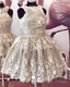 Nude Halter Homecoming Dresses With Ivory Lace Flowers