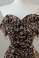 Off Shoulder A-Line Coffee Gold Sequin Long Prom Dresses, Coffee Gold Evening Dresses