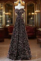 Off Shoulder A-Line Coffee Gold Sequin Long Prom Dresses, Coffee Gold Evening Dresses