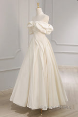 Off Shoulder A-Line Satin Beige Long Prom Dresses, Beige Long Formal Dresses
