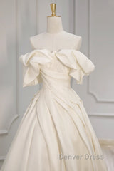 Off Shoulder A-Line Satin Beige Long Prom Dresses, Beige Long Formal Dresses