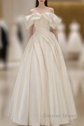 Off Shoulder A-Line Satin Beige Long Prom Dresses, Beige Long Formal Dresses