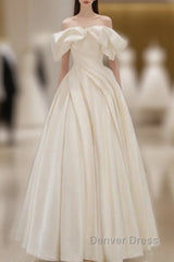 Off Shoulder A-Line Satin Beige Long Prom Dresses, Beige Long Formal Dresses