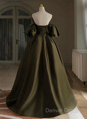 Off Shoulder A-Line Satin Green Long Party Dresses, Green Evening Dresses Prom Dresses