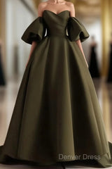 Off Shoulder A-Line Satin Green Long Party Dresses, Green Evening Dresses Prom Dresses