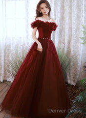 Off Shoulder Beaded Tulle Long Party Dress, A-Line Tulle Long Formal Dress Prom Dress