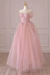 Off Shoulder Beading Pink Tulle Princess Prom Dresses
