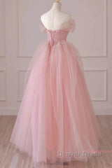 Off Shoulder Beading Pink Tulle Princess Prom Dresses