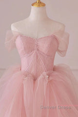 Off Shoulder Beading Pink Tulle Princess Prom Dresses