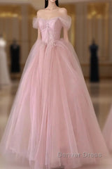 Off Shoulder Beading Pink Tulle Princess Prom Dresses