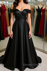 Off Shoulder Black Satin Long Prom Dresses, Long Black Formal Graduation Evening Dresses