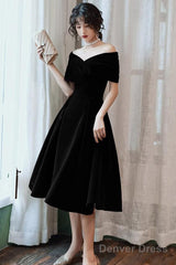 Off Shoulder Black Velvet Tea Length Party Dress, Off Shoulder Velvet Homecoming Dress