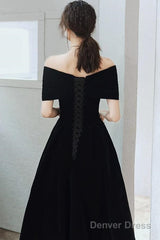 Off Shoulder Black Velvet Tea Length Party Dress, Off Shoulder Velvet Homecoming Dress
