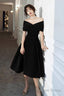 Off Shoulder Black Velvet Tea Length Prom Dress, Off Shoulder Velvet Homecoming Dresses