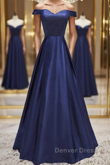 Off Shoulder Blue Satin Long Prom Dresses, Off Shoulder Blue Formal Dresses, Blue Evening Dresses