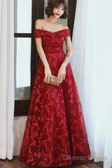 Off Shoulder Burgundy Lace Appliques Long Prom Dress, Off Shoulder Burgundy Formal Dress, Burgundy Lace Evening Dress