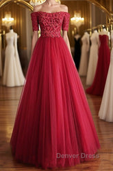 Off Shoulder Burgundy Lace Long Prom Dresses, Burgundy Lace Formal Dresses, Burgundy Evening Dresses