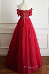 Off Shoulder Burgundy Lace Long Prom Dresses, Burgundy Lace Formal Dresses, Burgundy Evening Dresses