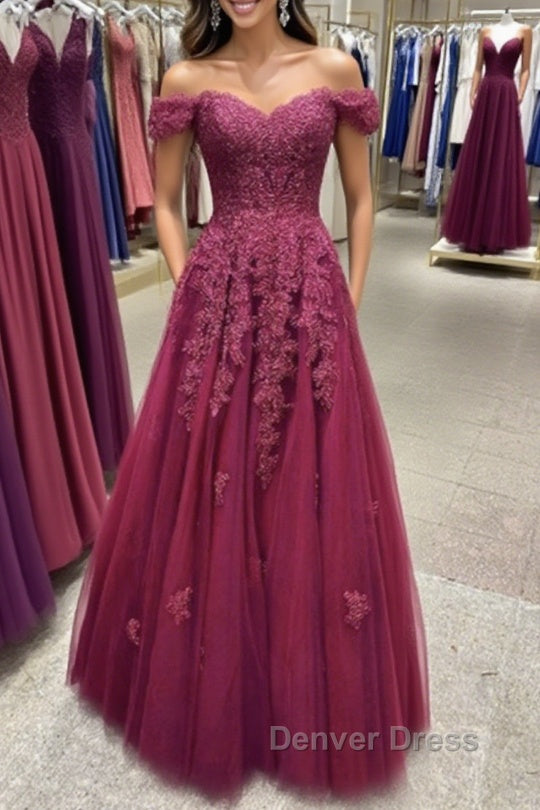 Off Shoulder Burgundy Lace Prom Dress, Off the Shoulder Burgundy Forma