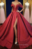 Off Shoulder Burgundy Satin Long Prom Dress, V Neck Burgundy Prom Dresses, Burgundy Ball Gowns