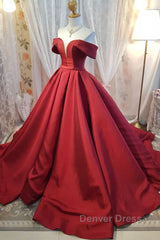 Off Shoulder Burgundy Satin Long Prom Dresses, V Neck Burgundy Formal Evening Dresses, Burgundy Ball Gown