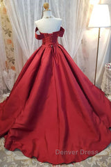 Off Shoulder Burgundy Satin Long Prom Dresses, V Neck Burgundy Formal Evening Dresses, Burgundy Ball Gown