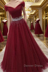 Off Shoulder Burgundy Tulle Long Prom Dresses with Sequins, Burgundy Tulle Formal Evening Dresses