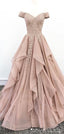 Off Shoulder Dusty Champagne Lace Cheap Long Prom Dress