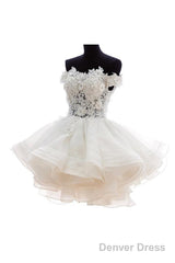 Off-Shoulder Knee Length Organza Lace Homecoming Dress With Beads