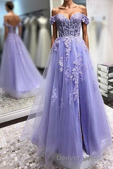 Off Shoulder Lavender Lace Long Prom Dresses, Lilac Lace Formal Dresses, Purple Evening Dresses