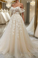 Off Shoulder Light Champagne Tulle Lace Long Prom Dresses, Light Champagne Lace Formal Evening Dresses