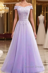 Off Shoulder Light Purple Lace Long Prom Dresses, Off the Shoulder Lilac Lace Formal Dresses, Purple Evening Dresses