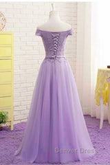 Off Shoulder Light Purple Lace Long Prom Dresses, Off the Shoulder Lilac Lace Formal Dresses, Purple Evening Dresses