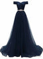 Off Shoulder Navy Blue Prom Dress, A Line Tulle Blue Bridesmaid Dresses