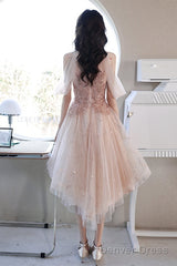 Off Shoulder Pink High Low Tulle With Beaded Homecoming Dress, Pink High Low Prom Dress Graduation Dress