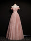 Off Shoulder Pink Tulle Long A Line Prom Dress with Beadings, Pink Long Prom Dress