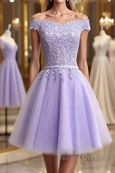 Off Shoulder Purple Lace Short Prom Dresses, Lilac Lace Homecoming Dresses, Short Purple Formal Evening Dresses